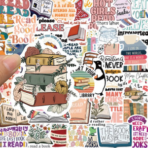 Book lover quote stickers with fun typography and illustrated reading themes