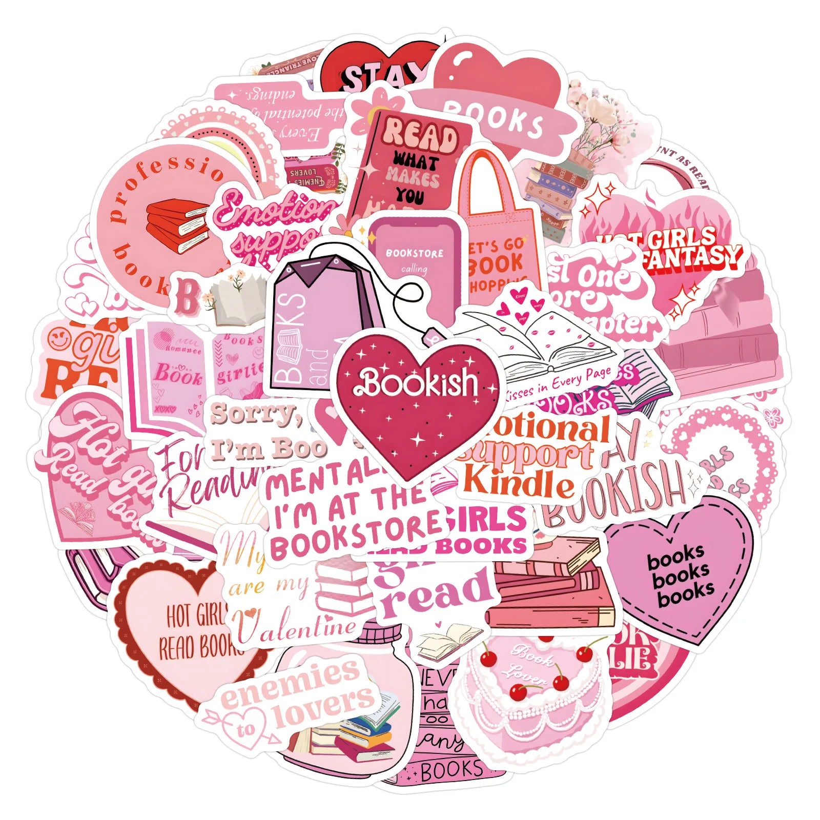 Bookish coffee girl stickers featuring cute pink reading illustrations