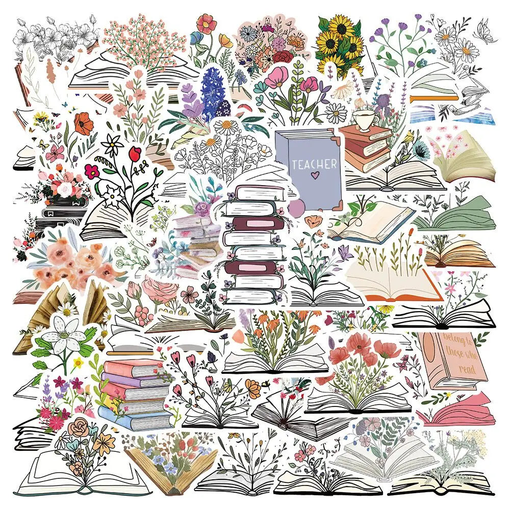 Bookish floral stickers featuring open books, stacked novels, flowers, and cozy reading aesthetic designs
