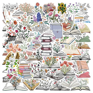 Bookish floral stickers featuring open books, stacked novels, flowers, and cozy reading aesthetic designs