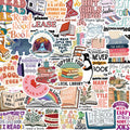 Bookish reading quote sticker collage with colorful books, text phrases, and cozy reading illustrations