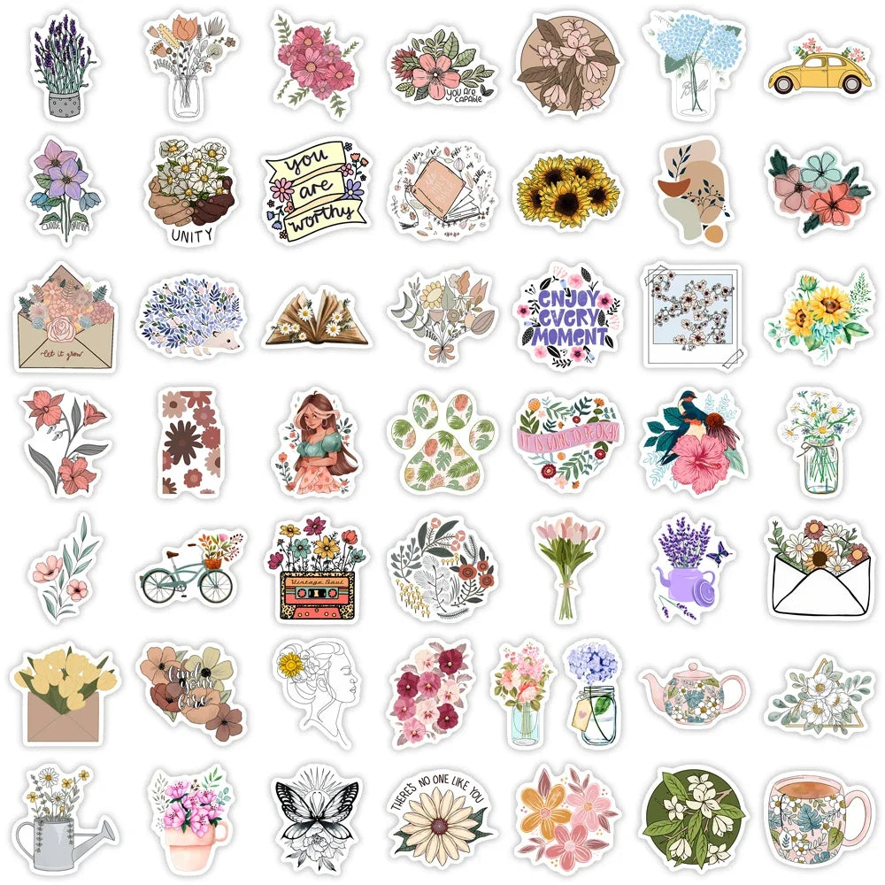 Botanical floral stickers pack with hand drawn flower and plant illustrations