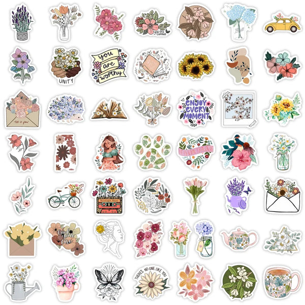 Botanical floral stickers pack with hand drawn flower and plant illustrations