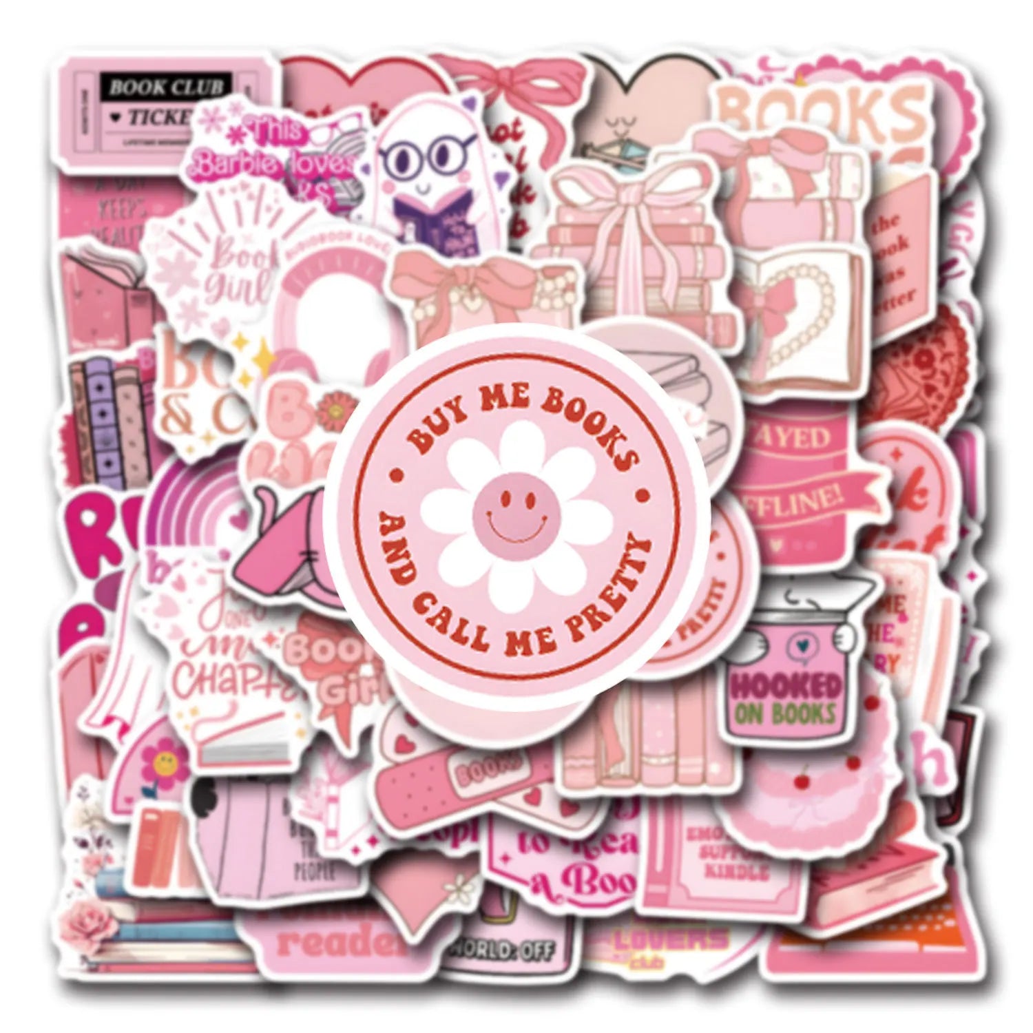 Pink bookish girly sticker pack featuring “Buy Me Books and Call Me Pretty” design with cute reading themes