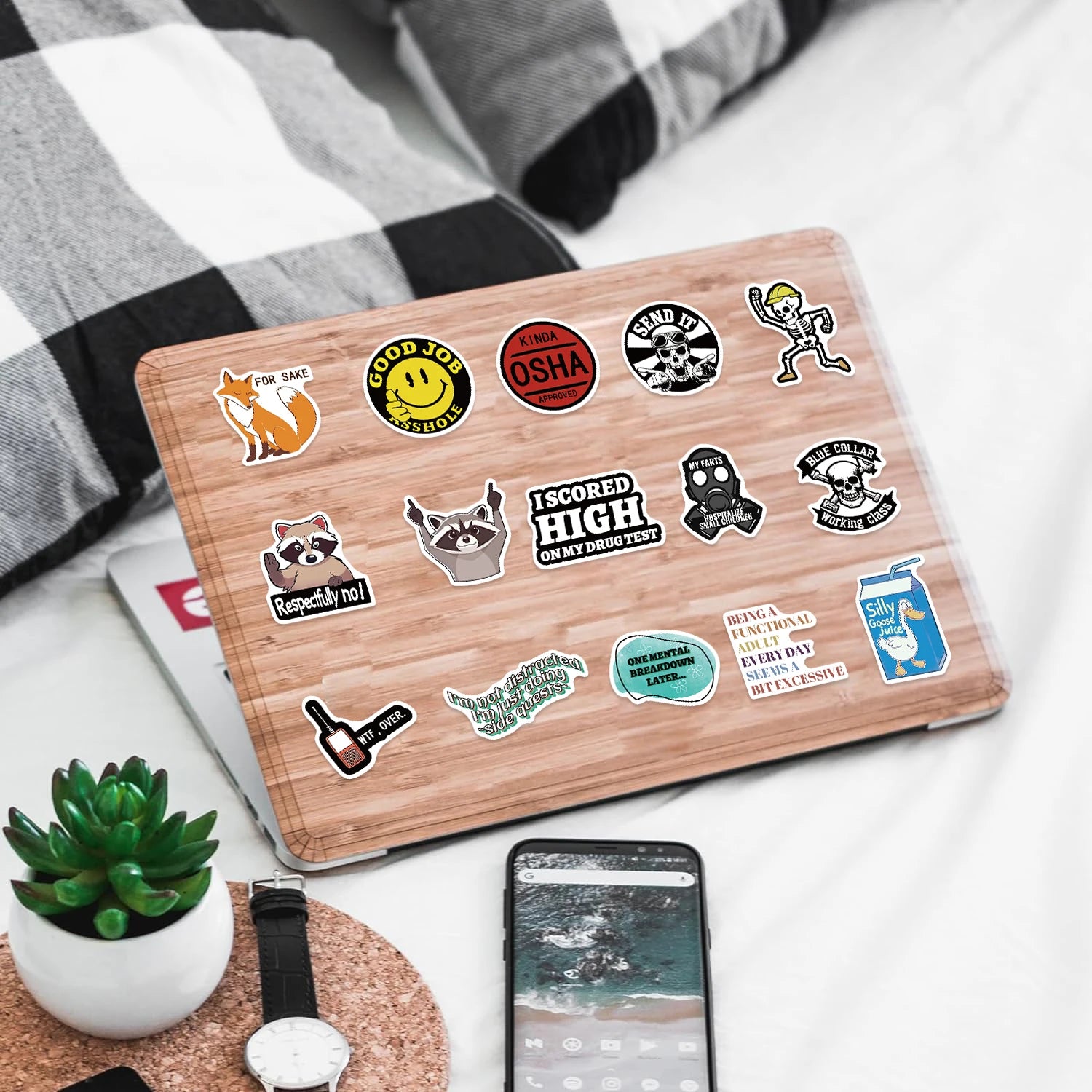 Cartoon quote vinyl stickers on laptop cover, waterproof reusable decals for daily use