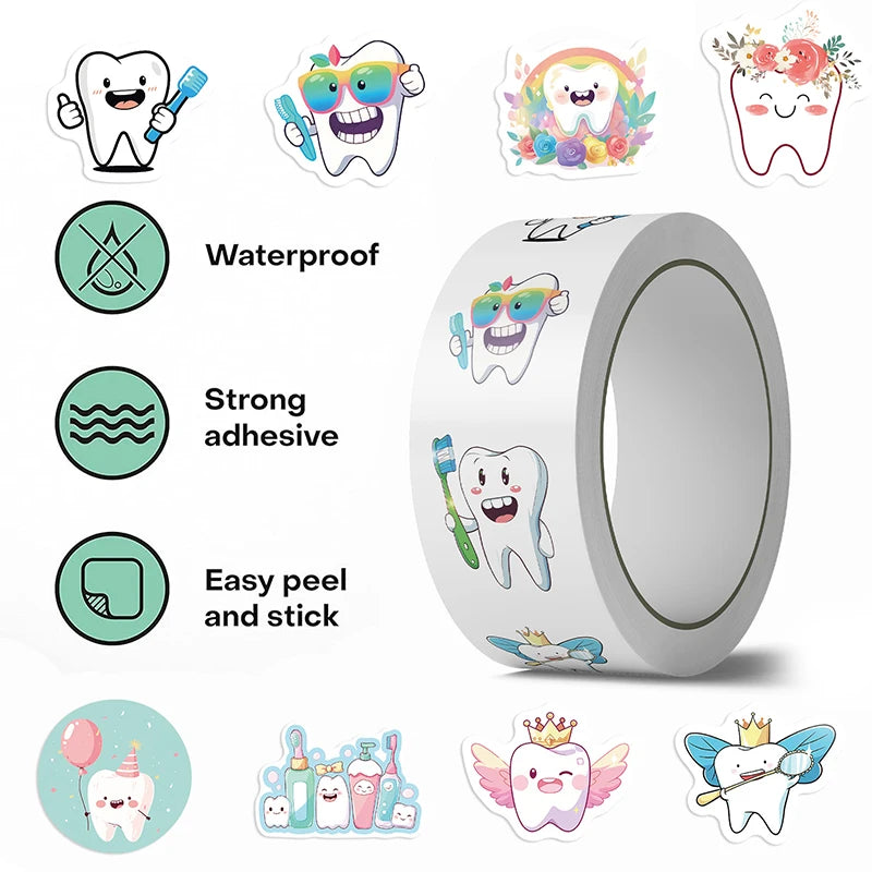Cute cartoon tooth dental stickers designed to motivate kids and encourage healthy brushing habits