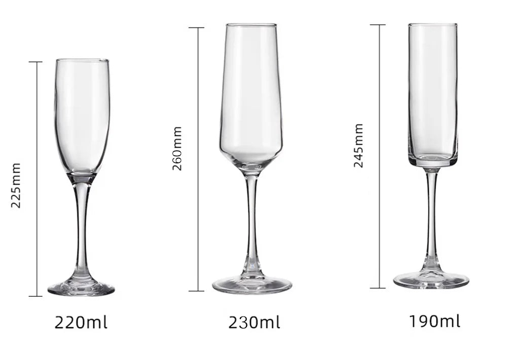 Champagne flute size and capacity comparison showing 190ml 220ml and 230ml options