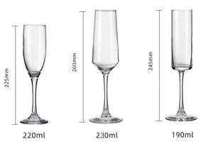 Champagne flute size and capacity comparison showing 190ml 220ml and 230ml options
