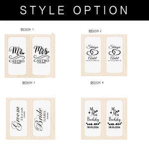 Style options showing different font designs for personalized champagne flute name engraving