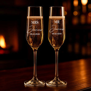 Champagne flutes gift for couples with custom engraved names and date