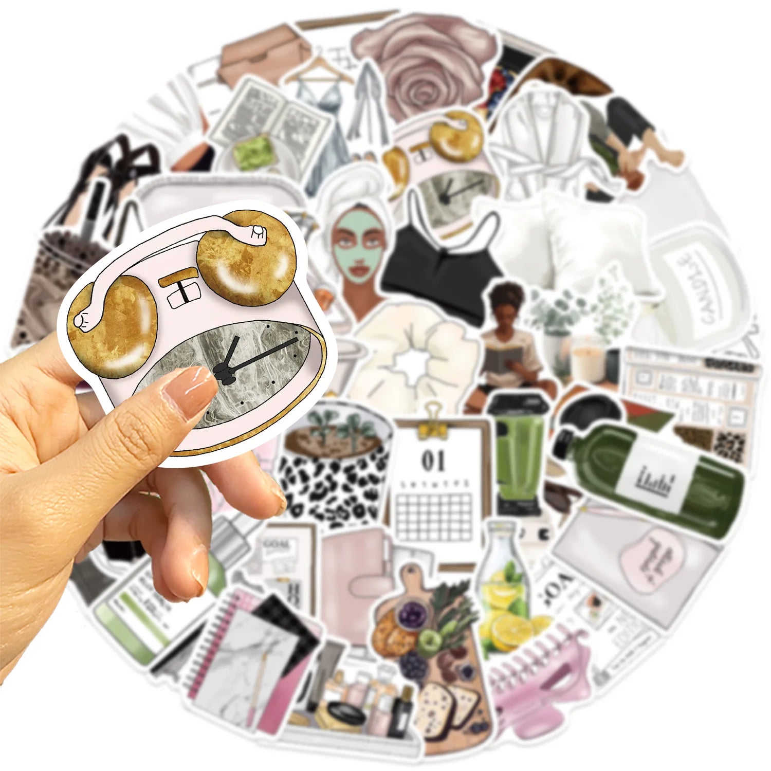 Hand holding a clean girl aesthetic sticker in front of a collage of neutral lifestyle stickers