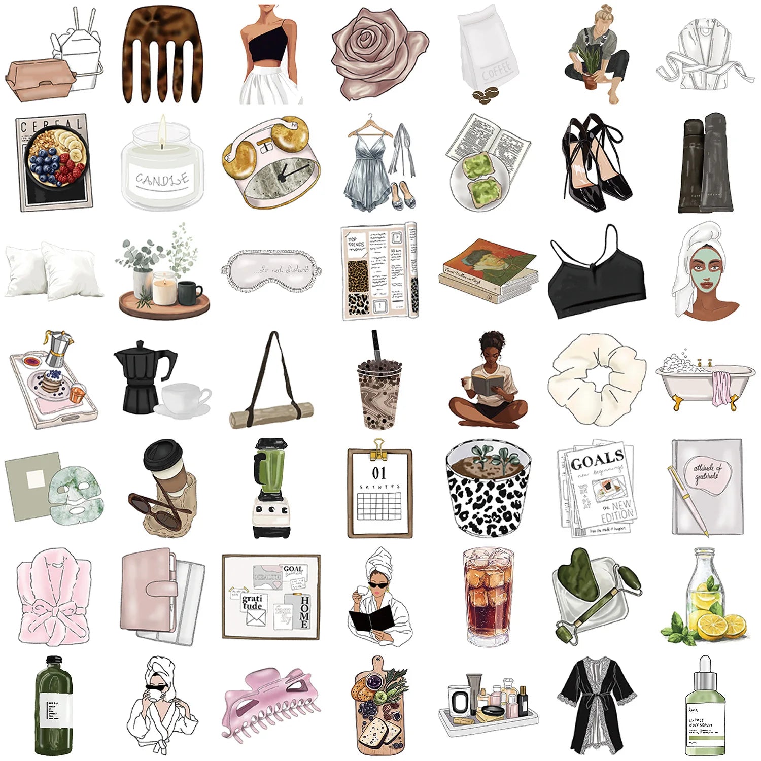 Clean girl lifestyle stickers showing fashion, coffee, skincare, and daily routines