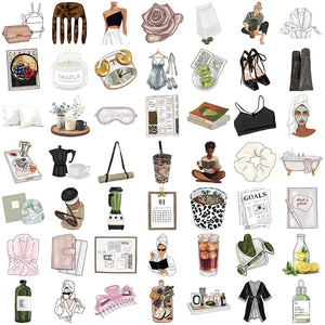 Clean girl lifestyle stickers showing fashion, coffee, skincare, and daily routines