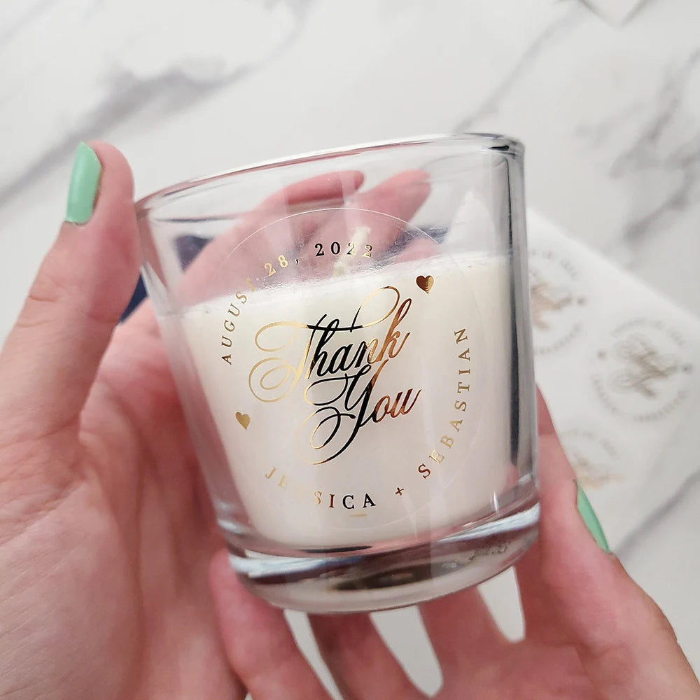 Transparent gold foil thank you sticker applied on glass jar