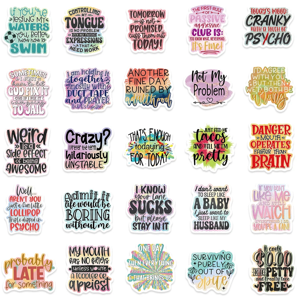 Colorful sarcasm quote stickers featuring humorous phrases and vibrant fonts