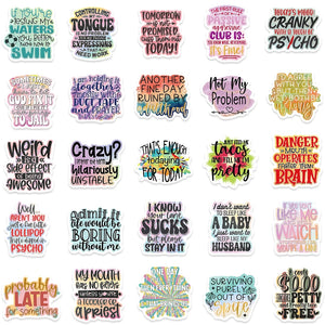 Colorful sarcasm quote stickers featuring humorous phrases and vibrant fonts