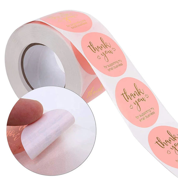Close up of copper board paper thank you stickers showing smooth finish and eco friendly adhesive

