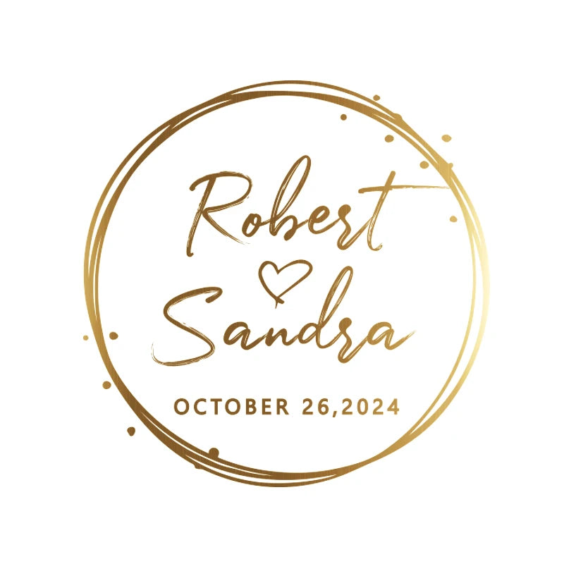 Round gold foil clear stickers with couple initials for wedding packaging