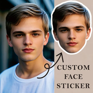 Custom face stickers made from your photo showing before and after portrait cutout
