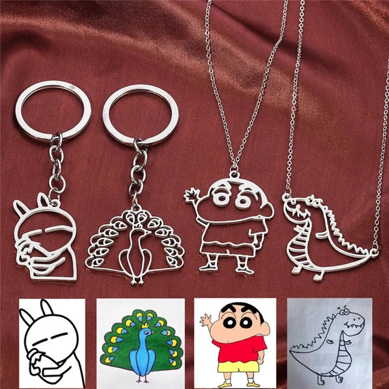 Custom cartoon character keychains and necklaces made from kids drawings in stainless steel