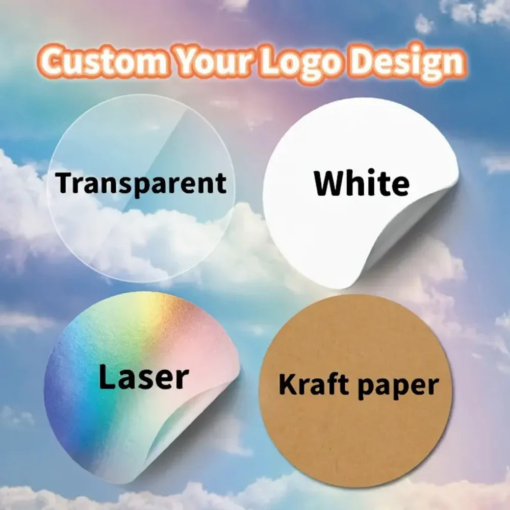 Custom logo sticker material options showing transparent, white, holographic laser and kraft paper finishes