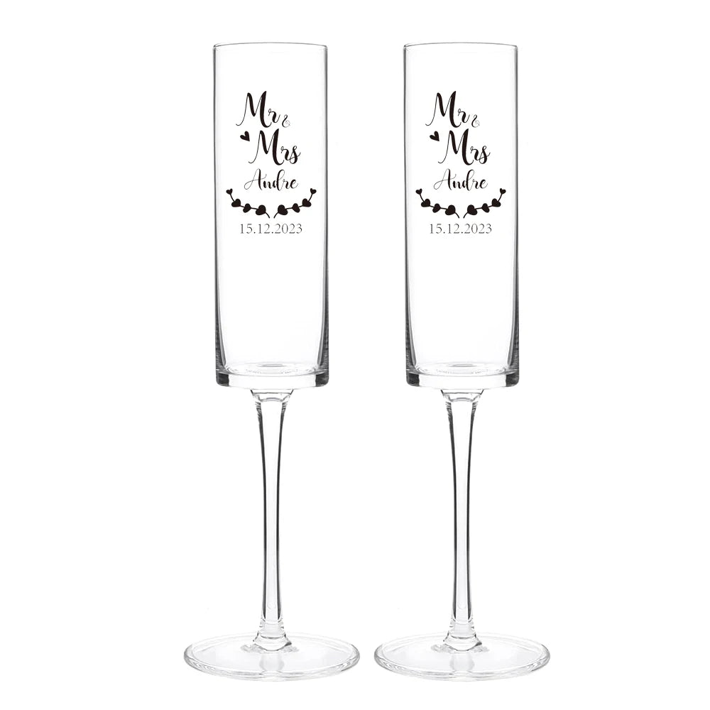 Custom name champagne flutes designed for wedding toasts