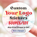 Custom paper stickers with personalized logo printed on kraft, white, and transparent material