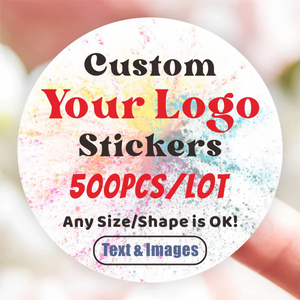 Custom paper stickers with personalized logo printed on kraft, white, and transparent material