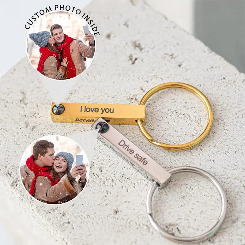 custom photo keychain with couple picture and engraved text