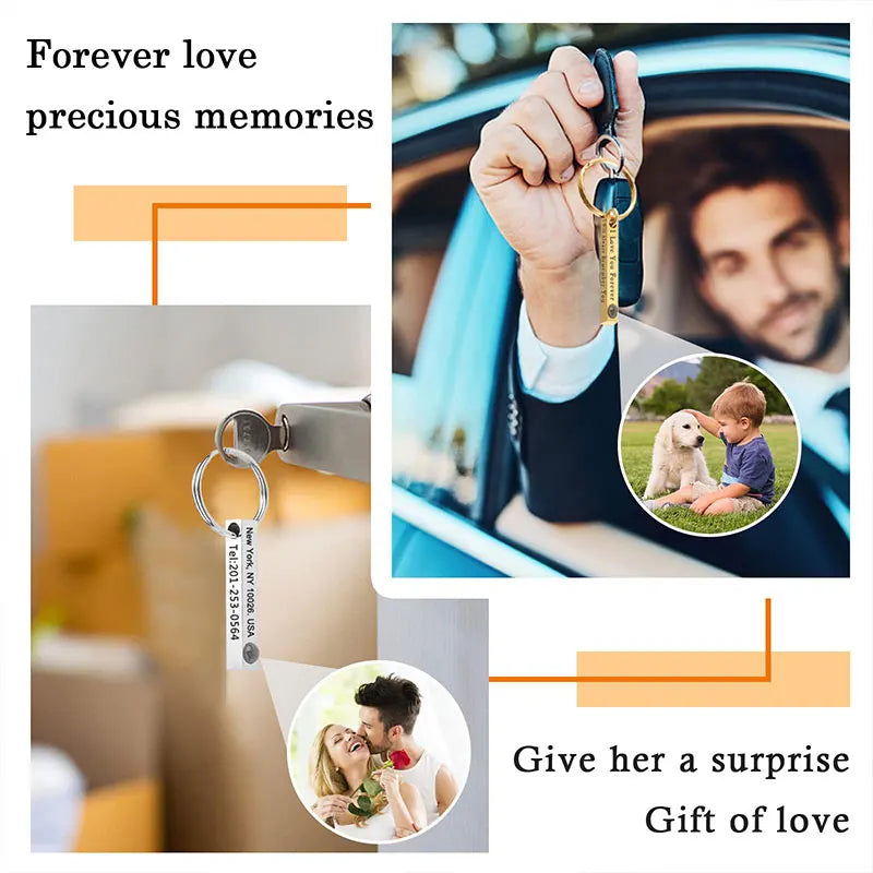 custom photo keychain with names and heart engraving