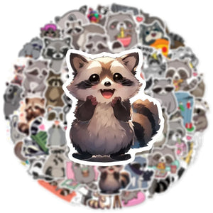 Cute animal raccoon stickers with kawaii cartoon style illustrations