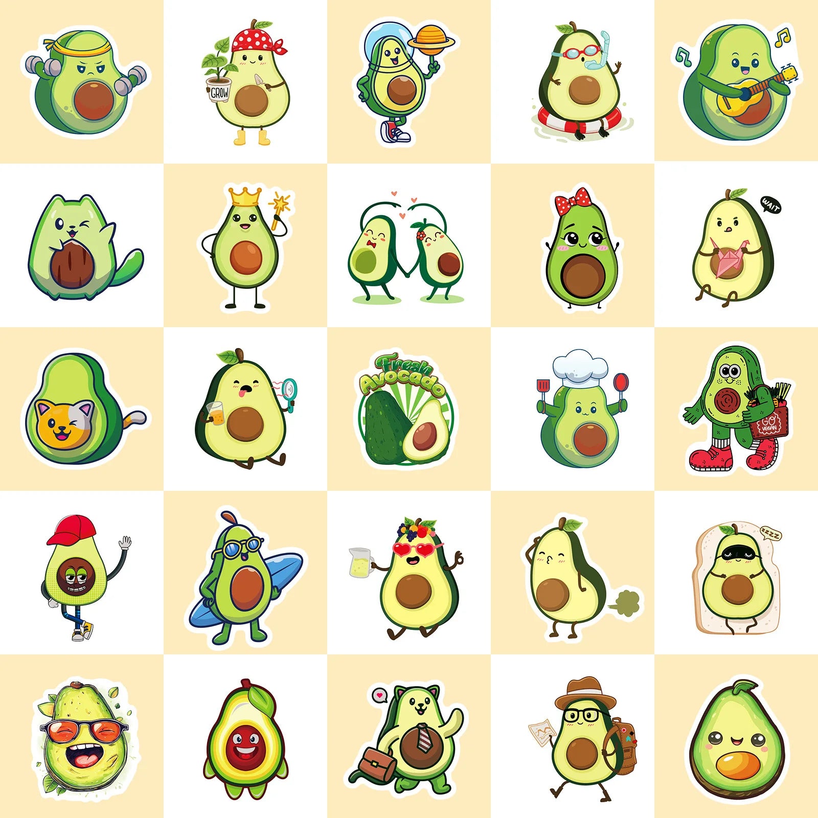 cute avocado cartoon stickers with playful faces