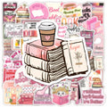Cute bookish cartoon sticker featuring a pink stack of books with a coffee cup and reading theme