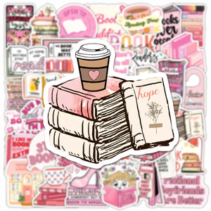 Cute bookish cartoon sticker featuring a pink stack of books with a coffee cup and reading theme