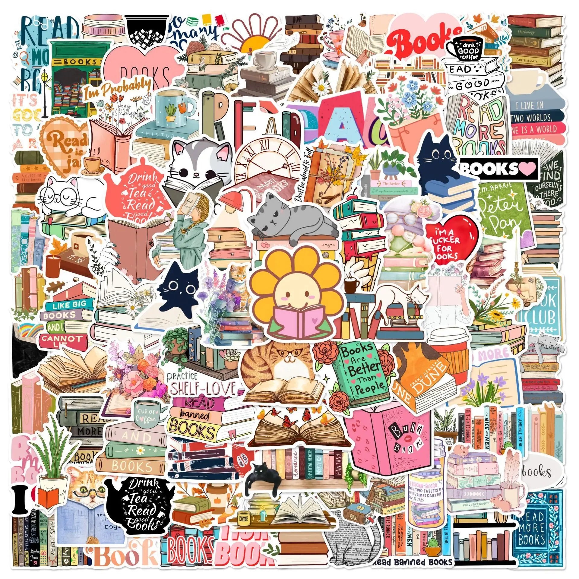 Cute bookish sticker pack with stacks of books, café vibes, and reading-themed art