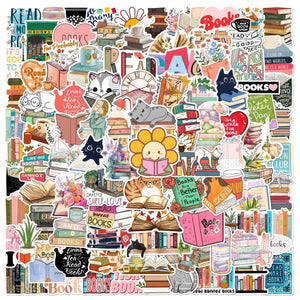 Cute bookish sticker pack with stacks of books, café vibes, and reading-themed art