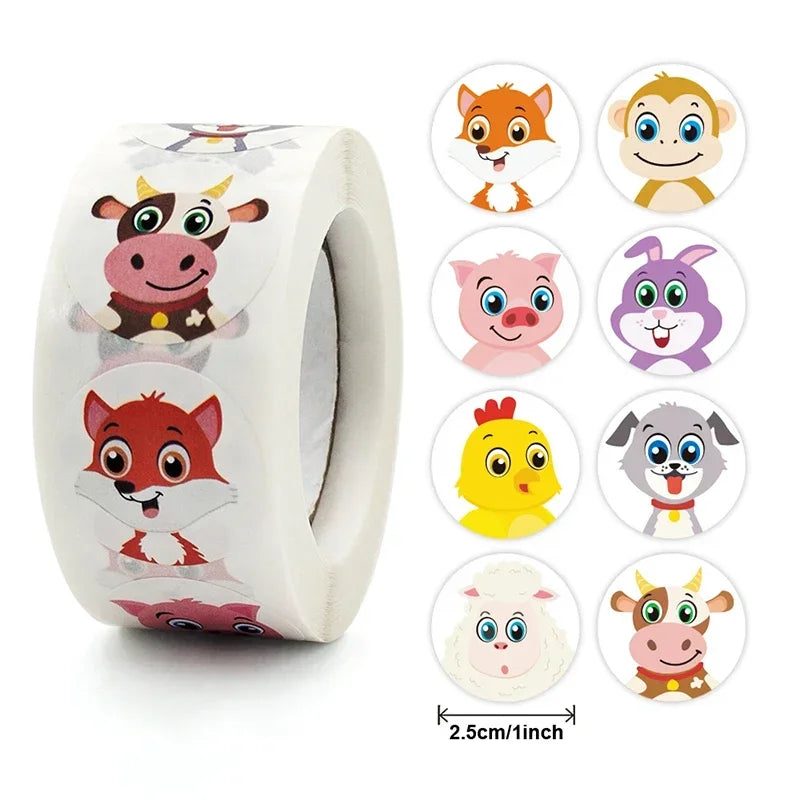 Cute cartoon animal sticker roll with colorful animal faces for kids rewards and crafts