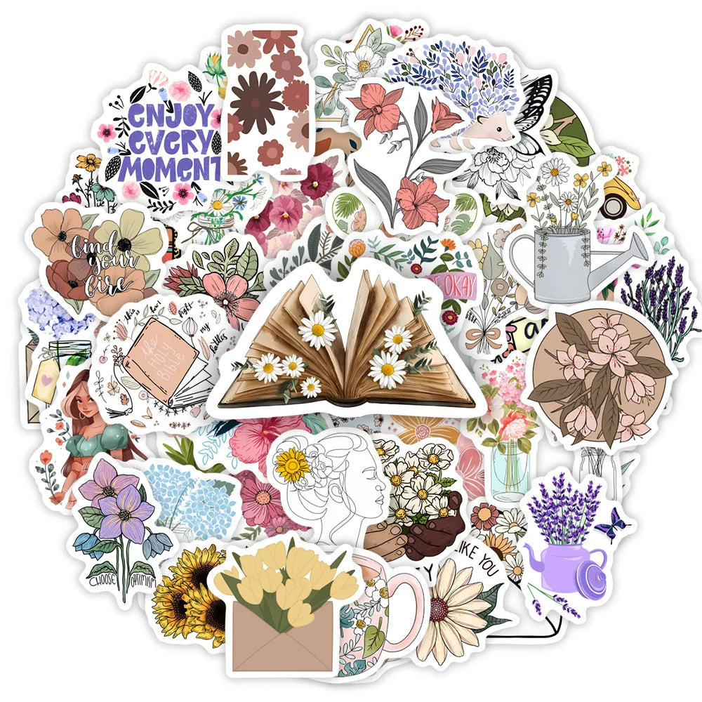 Cute flower sticker collage featuring botanical and aesthetic floral designs