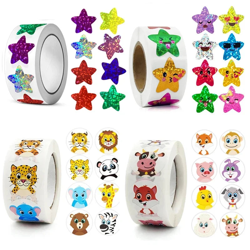 Cute kawaii star and cartoon animal stickers roll for kids reward activities
