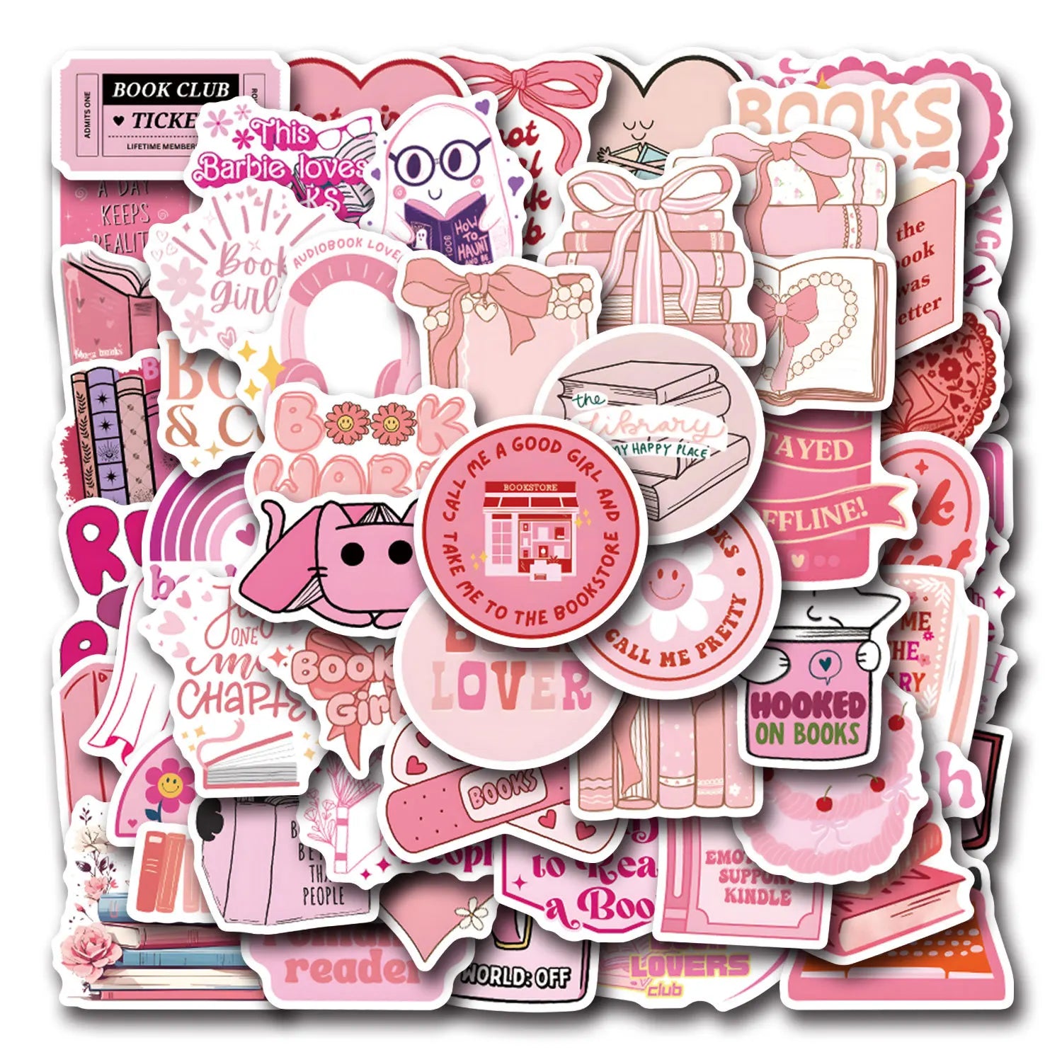 Cute pink book lover sticker collage with girly cartoon reading designs