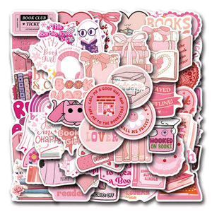 Cute pink book lover sticker collage with girly cartoon reading designs
