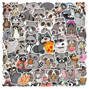 Cute raccoon cartoon sticker pack featuring playful raccoon illustrations for laptops, bottles, and DIY crafts