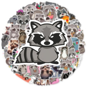 Cute raccoon stickers used to decorate laptops, bottles, and personal items