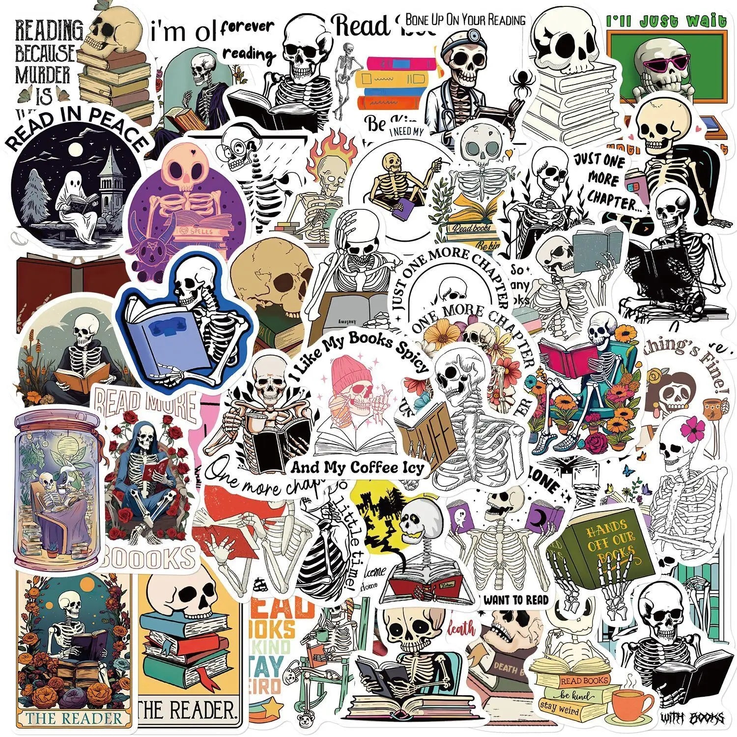 Moody bookish sticker pack with skeleton characters and gothic reading themes