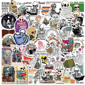 Moody bookish sticker pack with skeleton characters and gothic reading themes