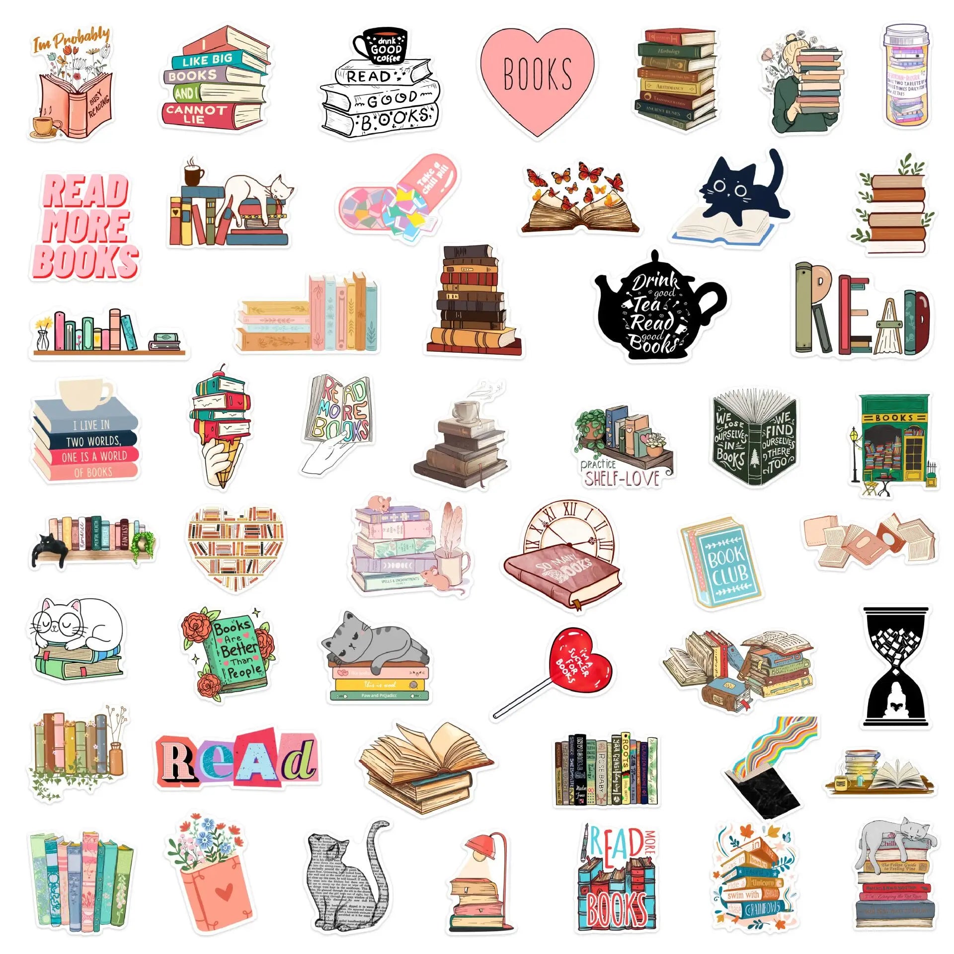 Dark romance bookish sticker pack showing 4–8 cm size and multiple reading-themed designs