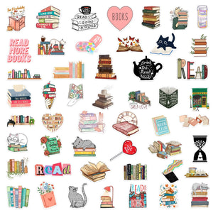 Dark romance bookish sticker pack showing 4–8 cm size and multiple reading-themed designs