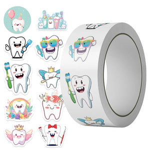 Dental tooth shaped reward stickers roll with 500 cartoon tooth stickers for kids dental motivation