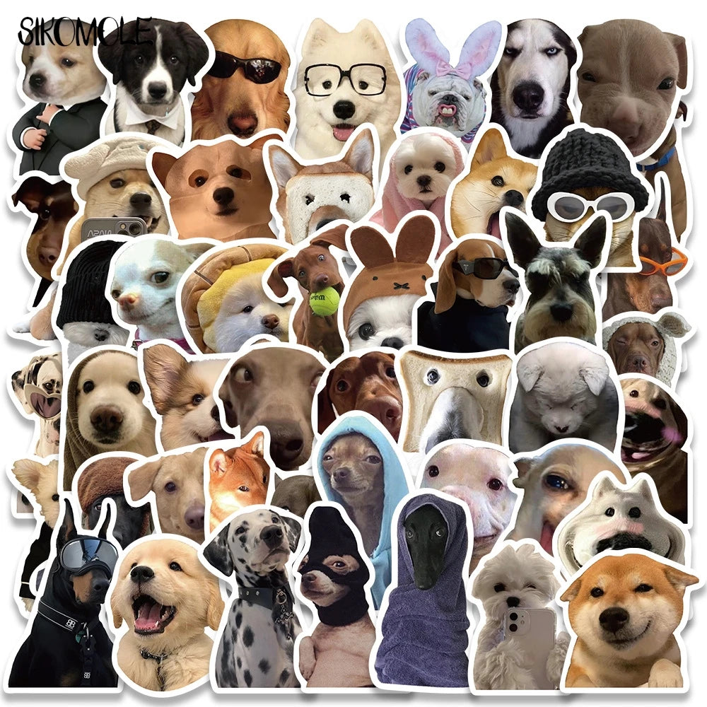 Dog meme stickers collage with assorted cute puppy faces and funny expressions