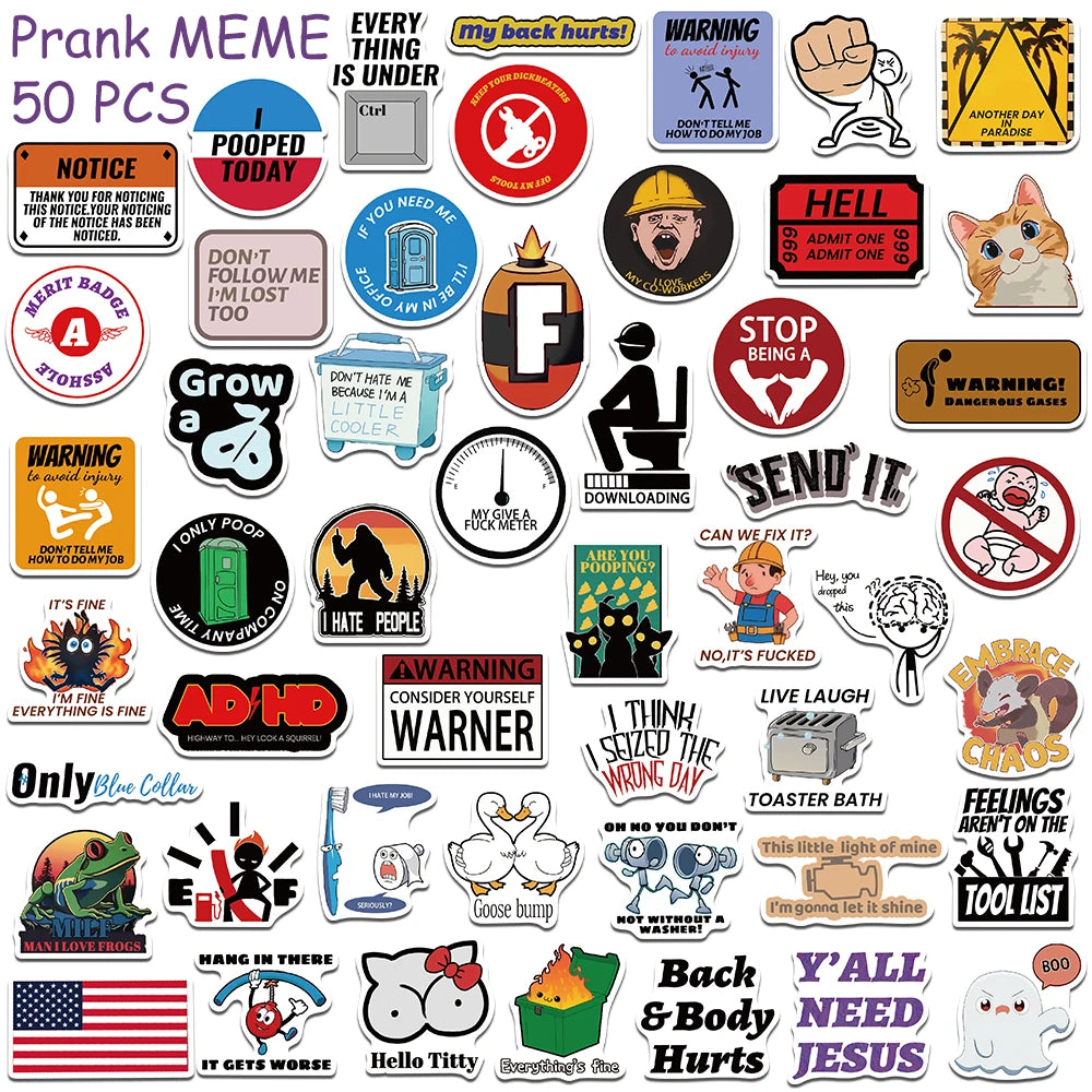 edgy cartoon prank stickers with graphic illustrations